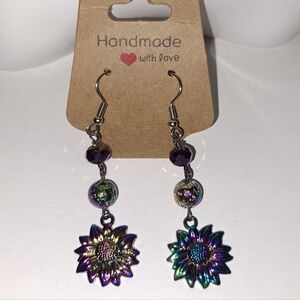 Iridescent Rainbow Titanium Plated Sunflower Charm and Beaded Dangle Earrings